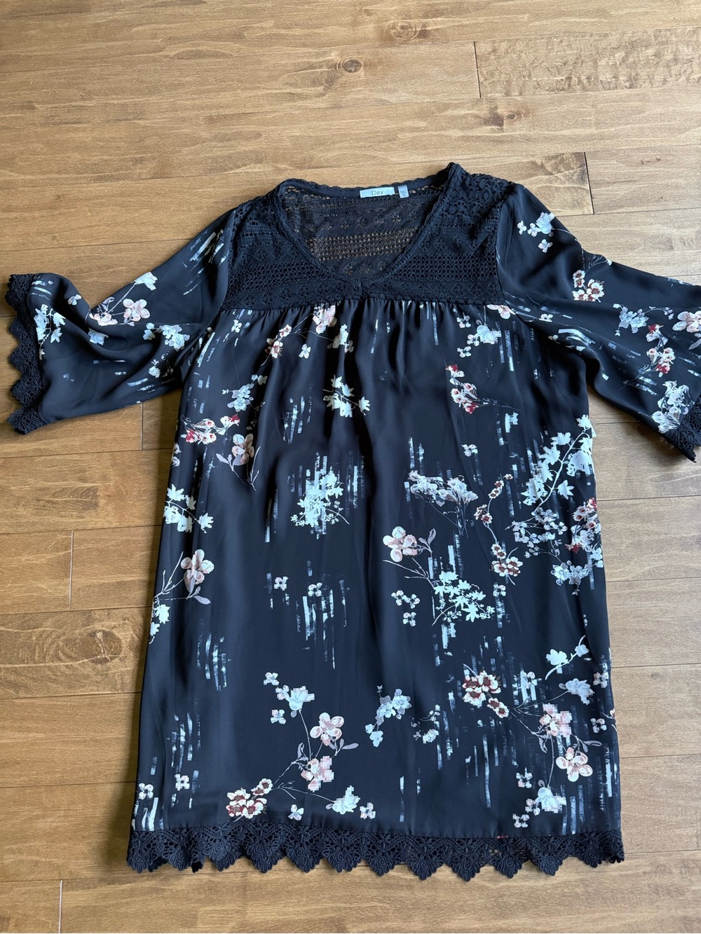 Dex Black Floral Lace-Trim Mini Dress